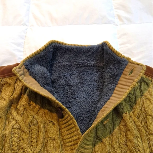 Fishermans Cable Knit Pile Fleece Lined Velvet Trim Cardigan Mens XXL Camel NWOT - Picture 3 of 4